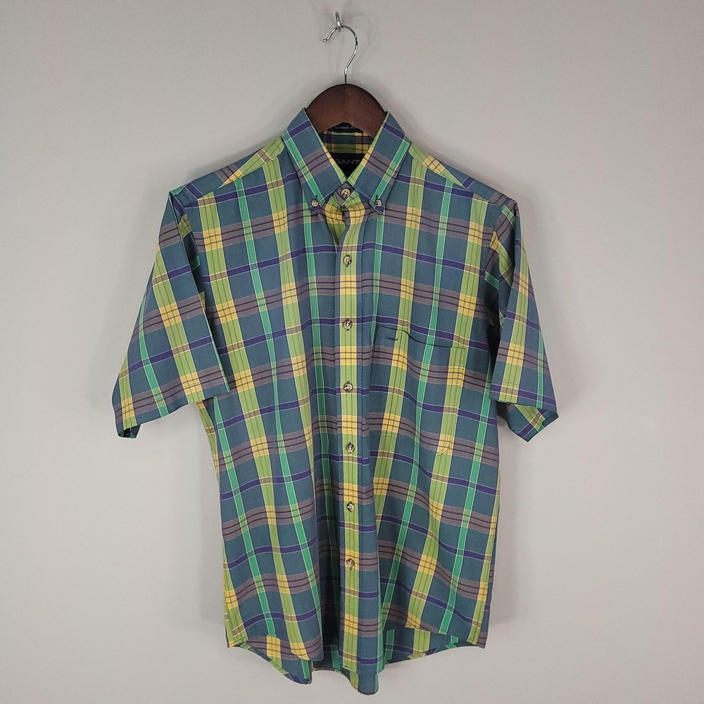 GANT Shirt Mens Medium Green Yellow Foxhunt‎ Plaid Button Down Short Sleeve Vtg
